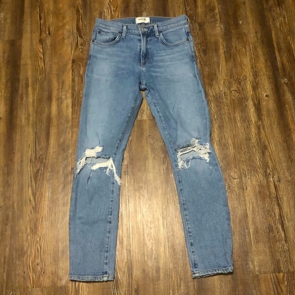 Agolde Jeans Women's 24 Toni Mid Rise Distressed Slim Straight Light Wash Denim - Picture 1 of 5